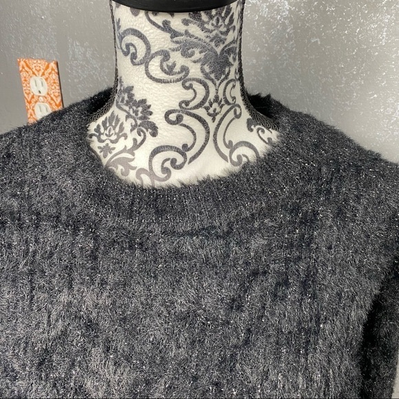 FRNCH Black Glitter Cropped Crew Neck Sweater.  Soft fuzzy, winter warm sparkly - Picture 5 of 12